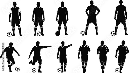 Soccer football player silhouettes collection, set of male athletes standing, running, and kicking ball, vector illustration isolated on white background for sports design.