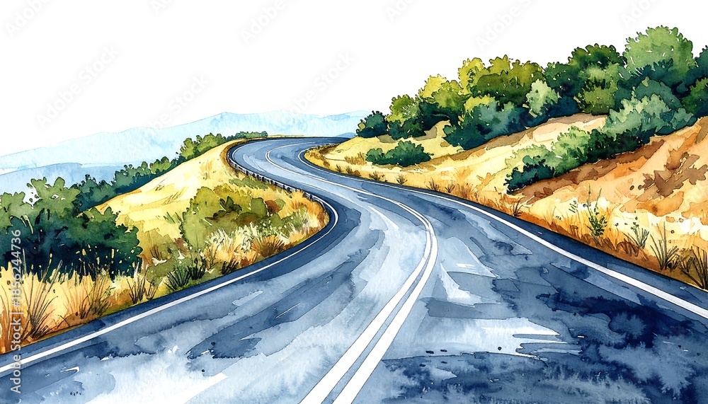 Fototapeta premium Winding road through hills, watercolor style