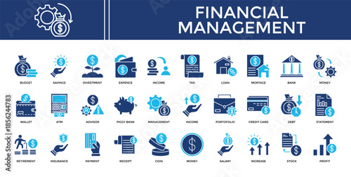 Financial management icon set collection. Containing invest, calculate, increase, retirement, profit, insurance, management .Solid vector icons collection