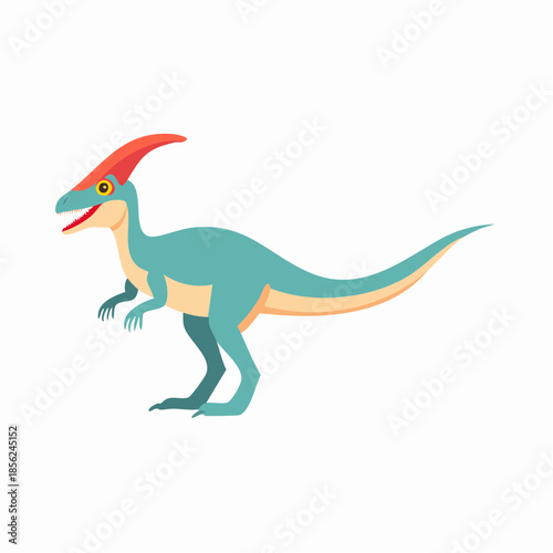 Illustration of a Parasaurolophus Dinosaur with Unique Red Crest in Teal and Yellow Cartoon Design