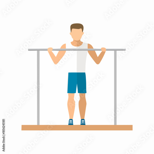 Flat design man exercising on parallel bars outdoor in white vest and blue shorts
