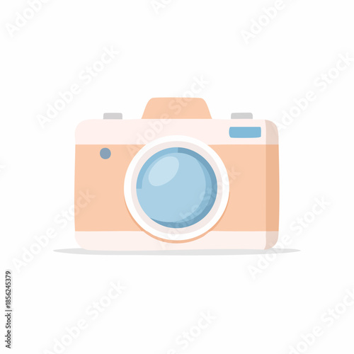 Peach-colored photographic camera illustration with circular lens; capturing memories, events, and moments