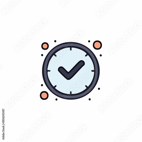Clock showing completed task with a checkmark inside a circle graphic depicting time management completion