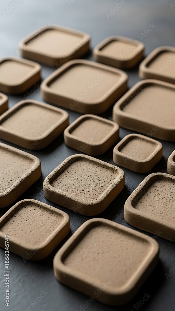 Fototapeta premium Arrangement of earthy textured square platforms on a neutral surface, angled view