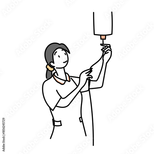 医療現場で点滴を準備する看護師を描いたシンプルなイラスト素材｜病院や治療やケアをイメージしたヘルスケアのビジュアル表現