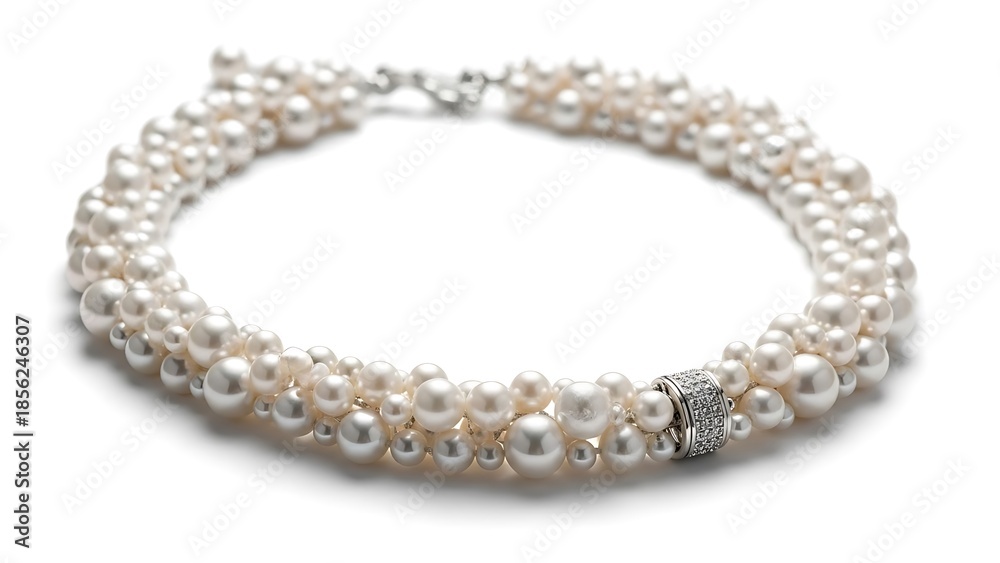 Obraz premium Elegant multi-strand pearl necklace with diamond clasp on a white background