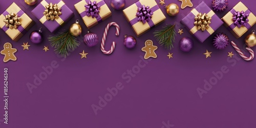 A festive Christmas greeting card design featuring gift boxes, candy canes, and ornaments on a purple background