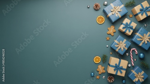 A festive flat lay photograph of Christmas gifts and decorations on a blue background