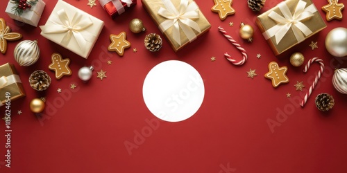 A festive red background with gift boxes, ornaments, and candy canes arranged in a decorative flat lay