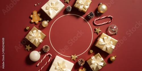 A festive flat lay of elegantly wrapped gifts and ornaments on a red background