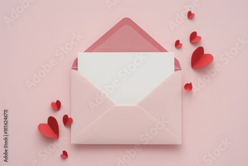 An overhead view of a pink envelope with red hearts scattered around it on a soft pink background