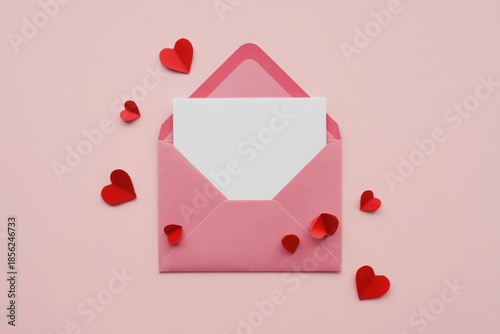A flat lay photograph of a pink envelope with hearts surrounding it