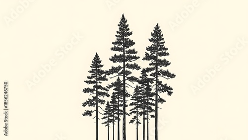 Minimalist sketch illustration of tall pine trees arranged vertically to emphasize height and calm atmosphere