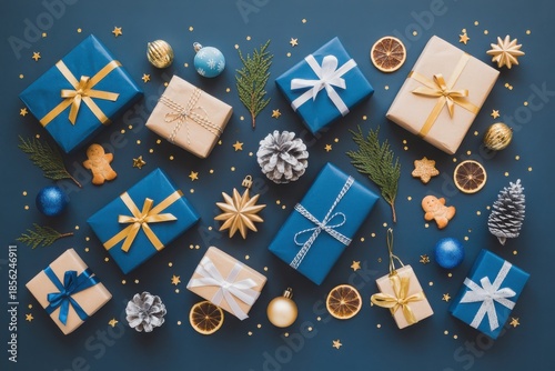 A festive flat lay arrangement of Christmas gifts and decorations on a blue background with golden accents