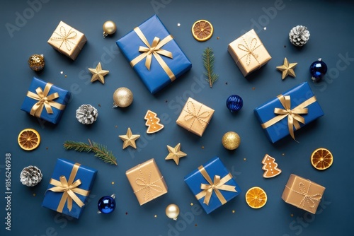 Aerial view of Christmas gifts and decorations arranged on a blue background