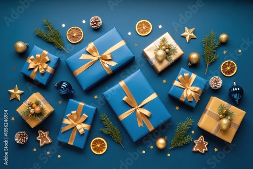 A festive flat-lay photograph of elegantly wrapped Christmas gifts on a blue background with golden decorations