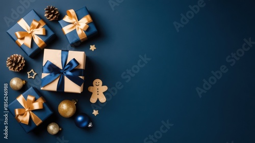 A festive flat lay arrangement of gift boxes, ornaments, and cookies on a dark blue background