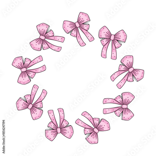 Round frame with hair bows. Vector Illustration for printing, backgrounds, covers and packaging. Image can be used for greeting cards, posters, stickers and textile. Isolated on white background.