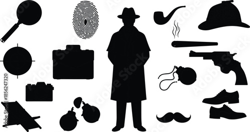 Detective silhouette icons, mystery investigation vector, crime-solving illustration, spy fiction design, forensic evidence art, secret agent background