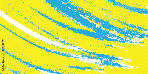 Grunge brush stroke with Ukraine national flag, painting flag of Ukraine. Symbol, poster, banner of the national flag. Style watercolor drawing. Vector blue yellow background