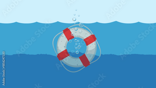 Vector illustration of a red and white lifebuoy floating in clear blue water, a symbol for safety and rescue
