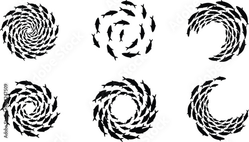 Black fish spiral silhouette set, circular swimming school patterns, marine life illustration, abstract aquatic motion design, ocean wildlife concept