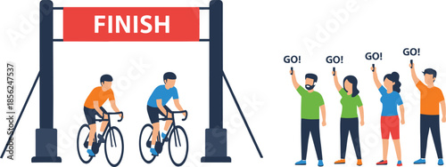 Cyclists race finish line, cheering crowd illustration, sports competition vector, athletic event design, cycling silhouette art, victory celebration background