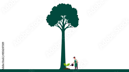 Nurturing Young Sapling with Water from Watering Can Near Tall Tree