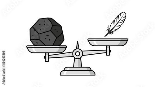 Conceptual illustration of weight comparison a heavy rock and a light feather on a balance scale