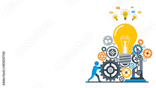 Innovative Idea Generation with Lightbulbs and Gears Mechanism Illustration