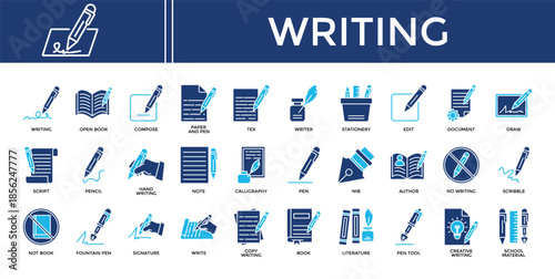 Writing icon set collection. Containing teaching, draft, literature, wide, write, signature, writing .Solid vector icons collection