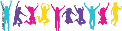 Colorful silhouettes of people jumping in joyful poses, vibrant celebration banner, energetic movement, youth vitality, community event illustration