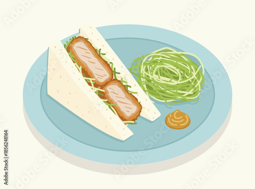 Katsu sando or Japanese pork cutlet sandwich with shredded cabbage and mustard