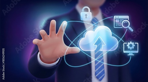 Cloud cybersecurity and data protection concept with business professional interacting with secure cloud interface, digital security, privacy and network protection
