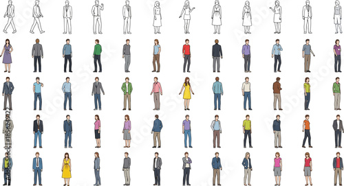 Human figures illustration, diverse people silhouettes, character design, demographic representation, crowd simulation, urban planning, people poses, fashion diversity, vector art
