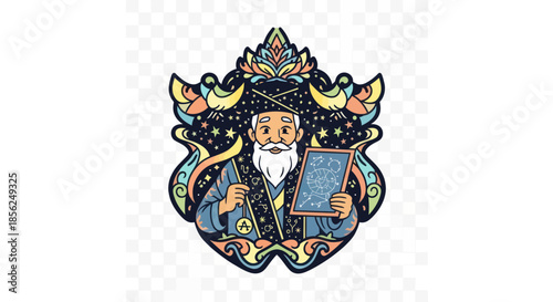 A stylized illustration of an old man with a long white beard, holding a chart