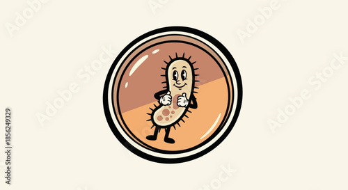 A cartoon-style microbe stands in a bubble surrounded by a frame with a retro aesthetic