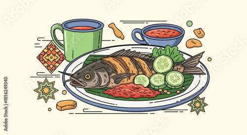 A stylized illustration featuring grilled fish, side dishes, and drinks. Decorative elements surround the meal