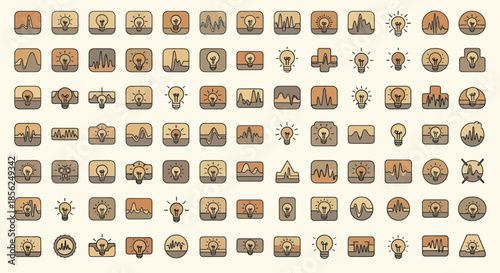A grid layout with lightbulb icons paired with waveforms, in a muted, earth-toned color palette