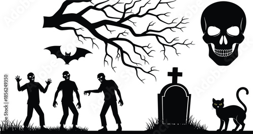Halloween spooky silhouettes, zombie illustration vector, haunted night design, gothic horror art, creepy scene background, scary festival decoration
