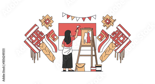 A person paints on a canvas, with festive decorations and a detailed background