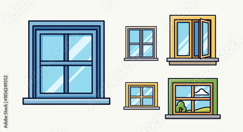 Cartoon depiction of various windows, some closed, some open, showing different views