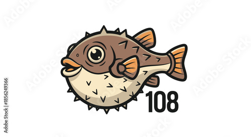 Cartoon pufferfish illustration, brown and beige, spikes, fins, and a smiling mouth, with number 108