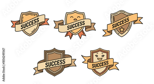Five shield-shaped badges with "SUCCESS" banners and varying designs, using brown and tan hues