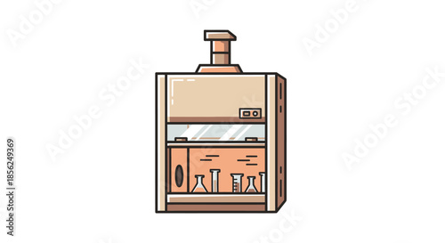 Illustration of a fume hood containing beakers and flasks.  Cartoon style, white background