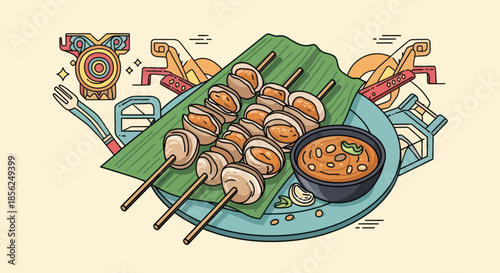 Colorful illustration of skewered food, dip, and decorations on a plate
