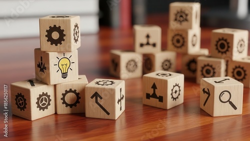 Wooden cubes showing strategic transformation icons placed carefully using shallow focus and minimal blurred surroundings