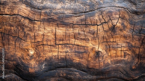Hand hewn teak with irregular rough and oily texture
