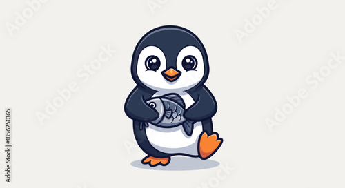 Fotografi A cute, cartoon penguin is shown holding a fish, smiling, and standing on an off