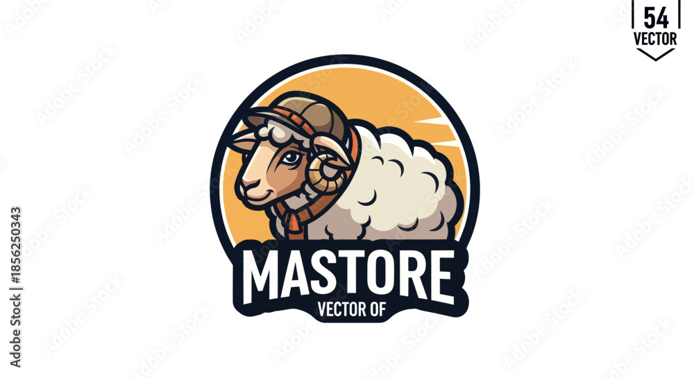 Obraz premium Mascot-style illustration of a ram wearing a hat, with text below inside a circle
